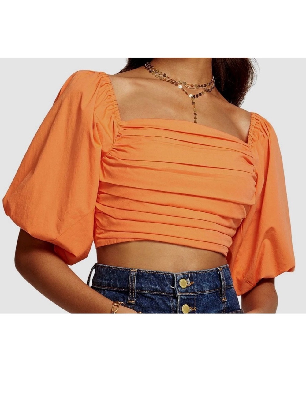 Ramy Brook‎ Women's Orange Square Neck Puff Sleeve Blouse Top Size S